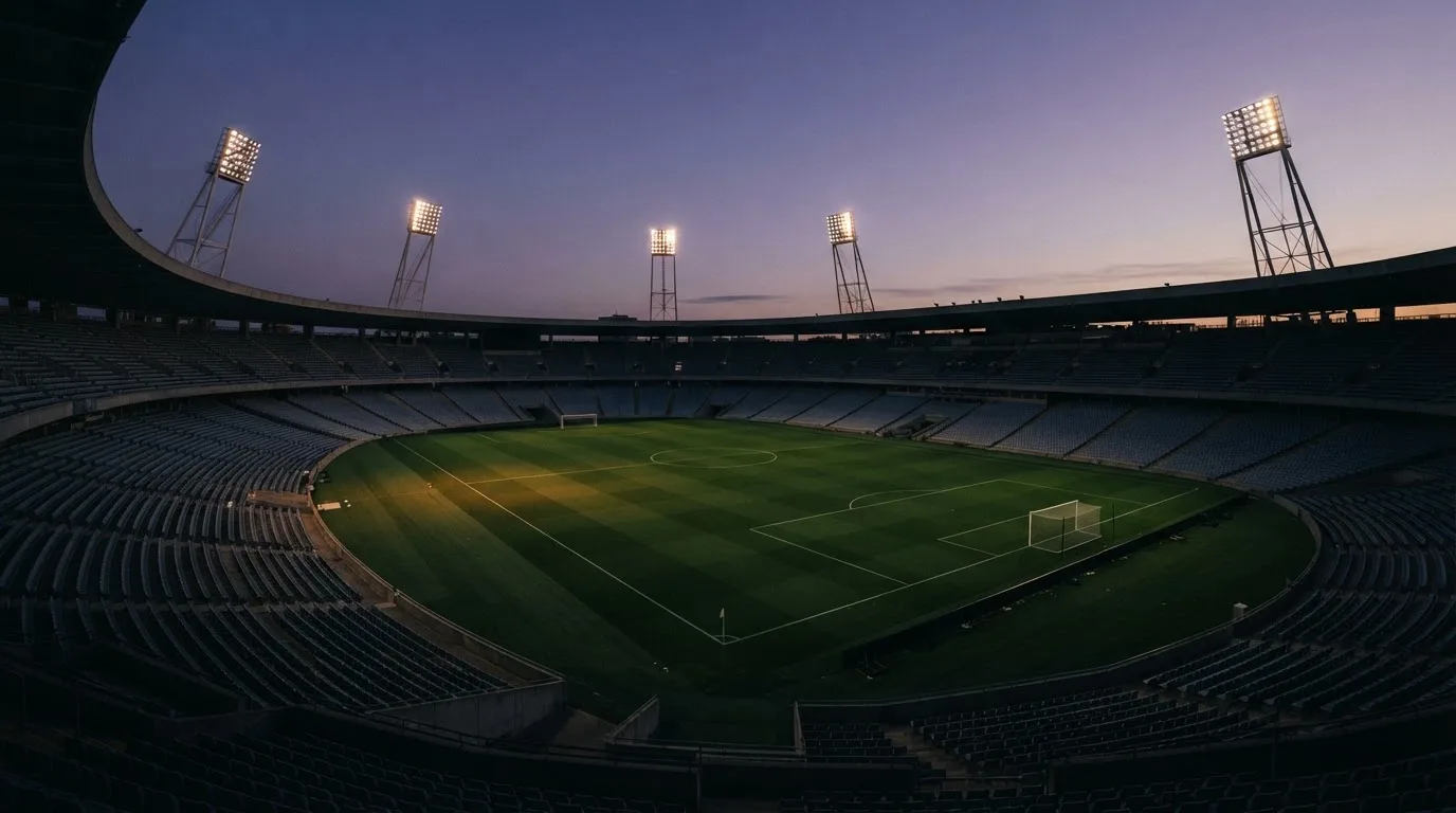 An empty football stadium with floodlight masts at dusk