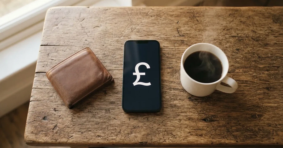 A smartphone on a wooden table beside a wallet and a coffee cup