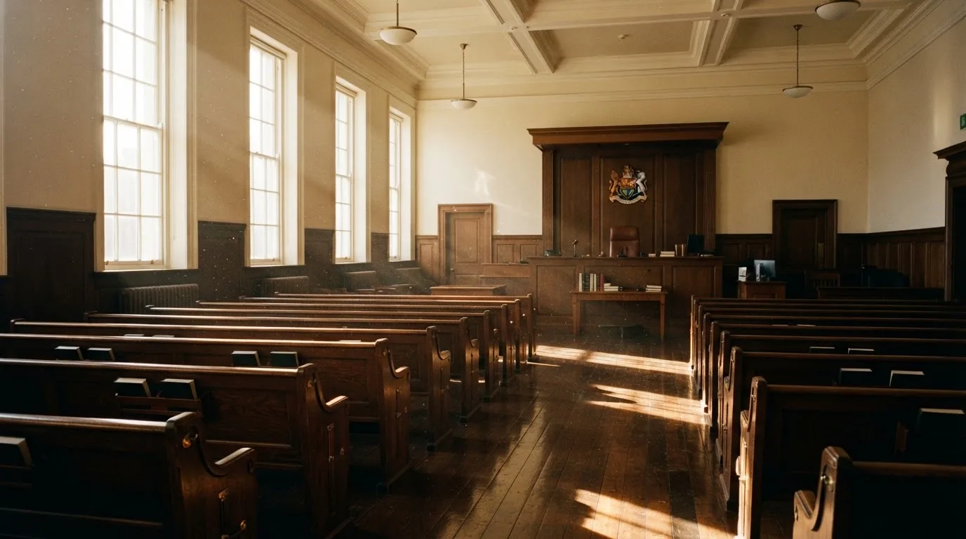 An empty courtroom with wooden benches in morning light