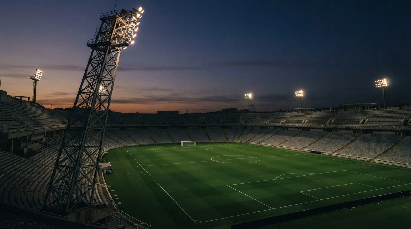 An empty football stadium with floodlight masts at dusk