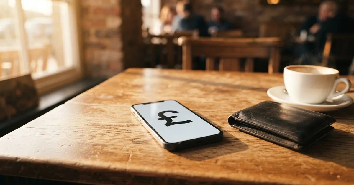 A smartphone on a wooden table beside a wallet and a coffee cup