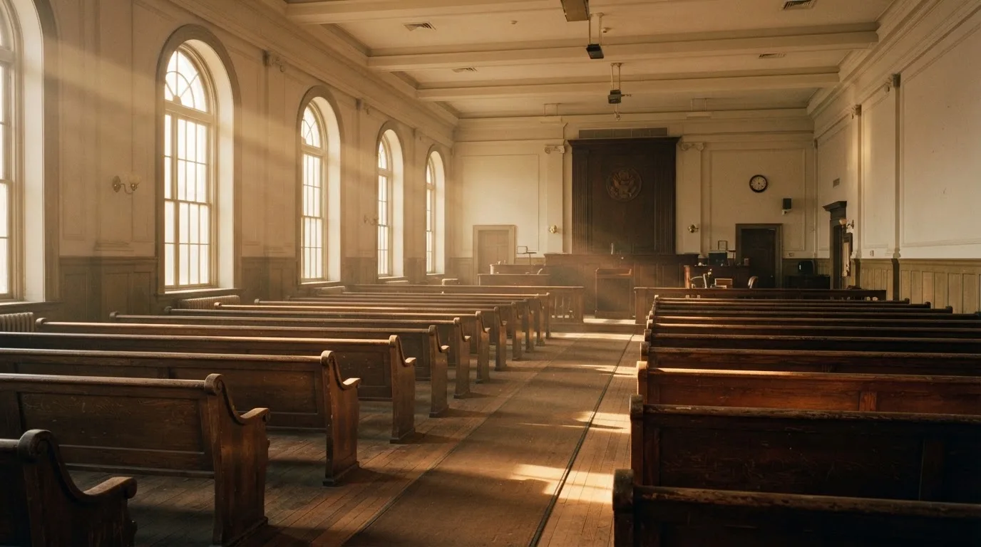 An empty courtroom with wooden benches in morning light