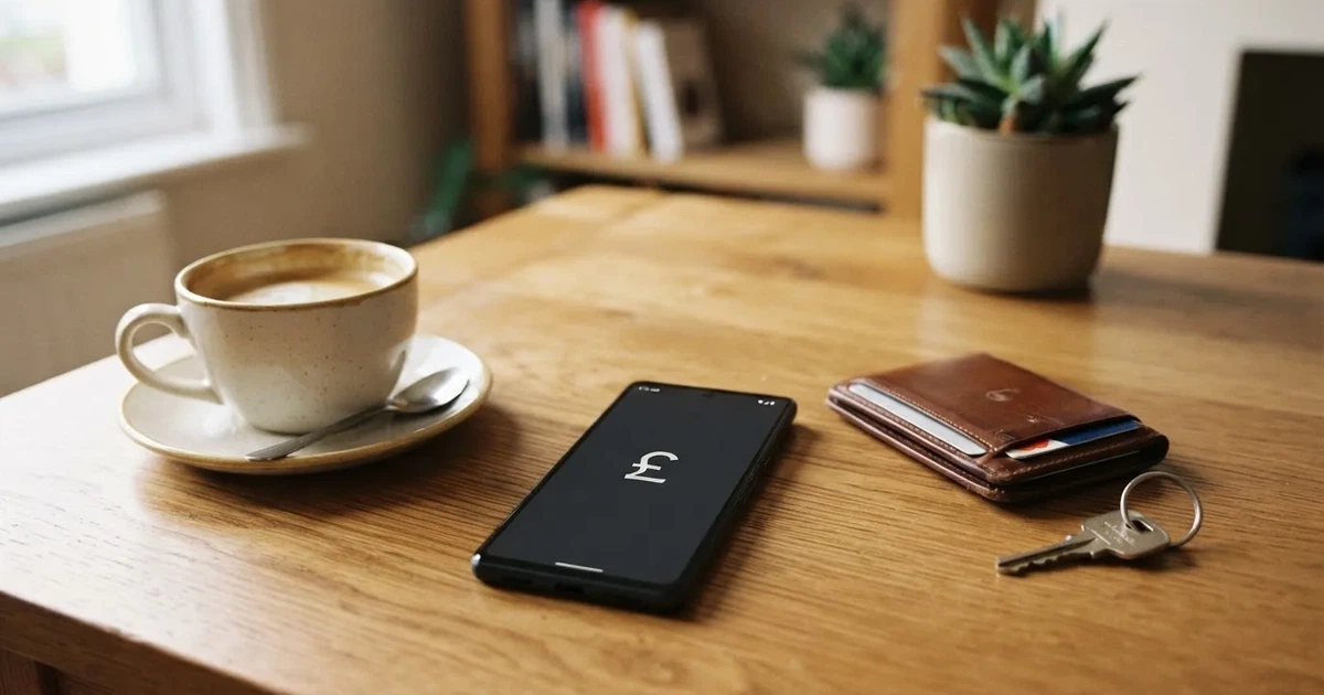 A smartphone on a wooden table beside a wallet and a coffee cup