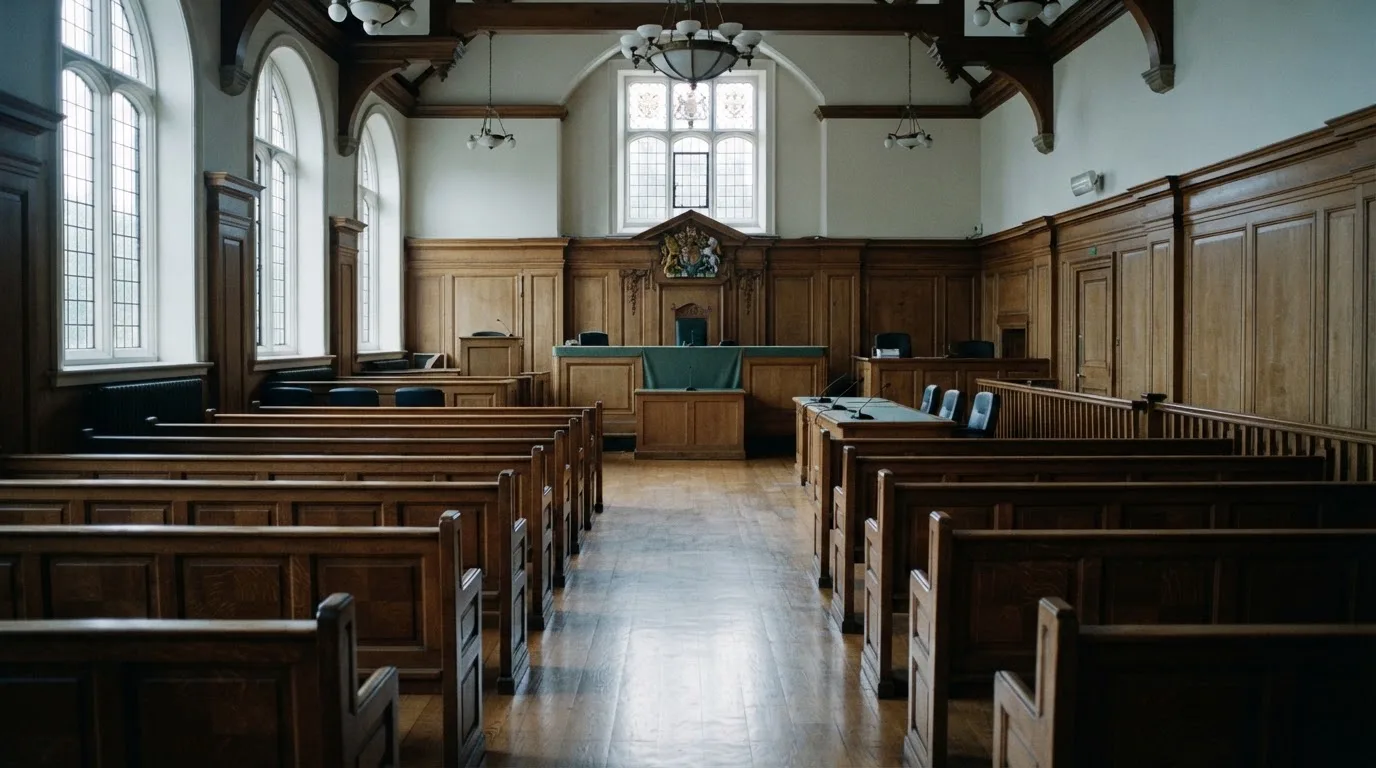 An empty courtroom with wooden benches in morning light