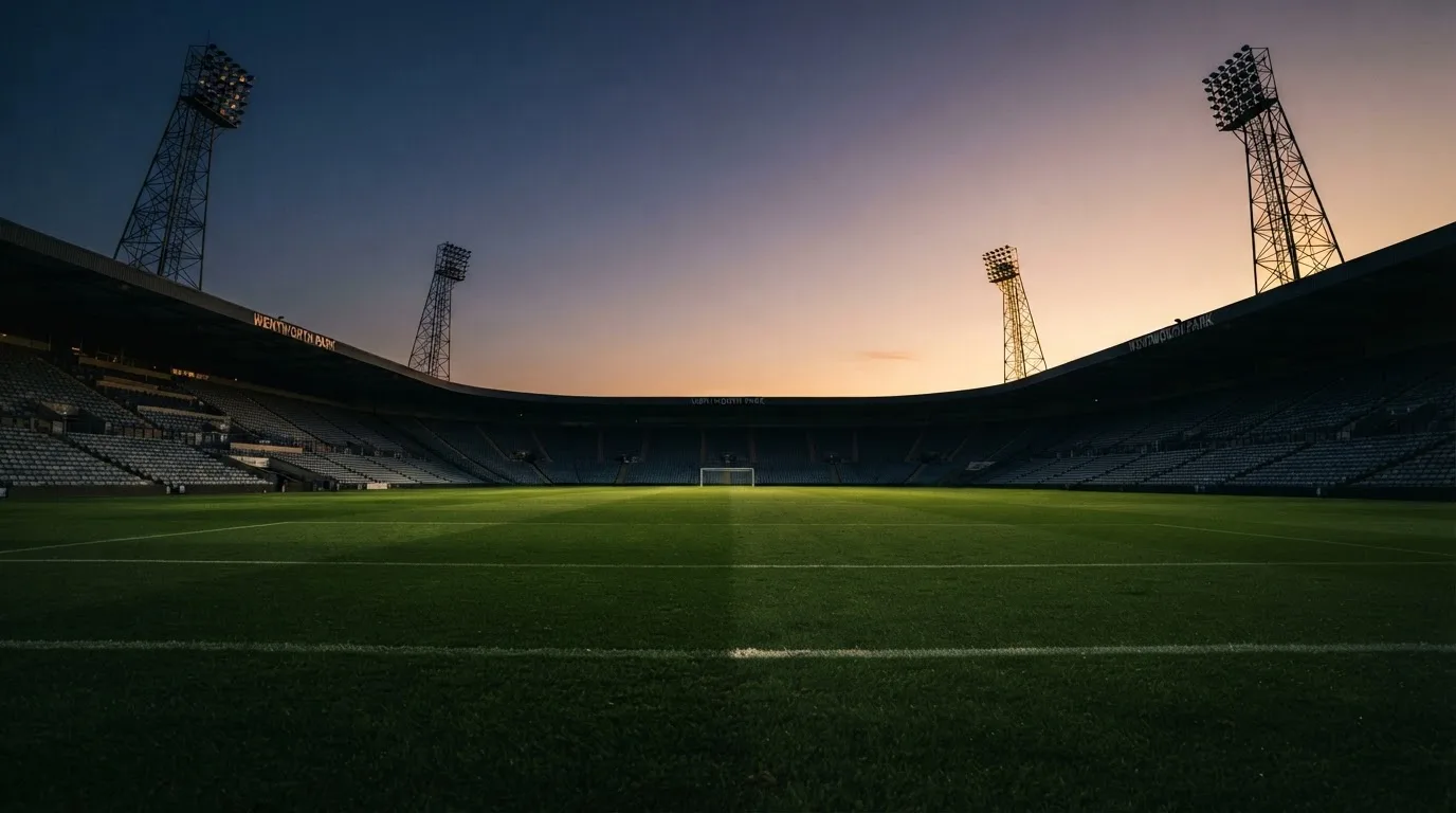 An empty football stadium with floodlight masts at dusk