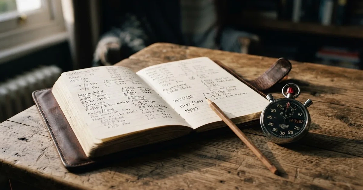 An open notebook with a pencil and a stopwatch on a wooden table