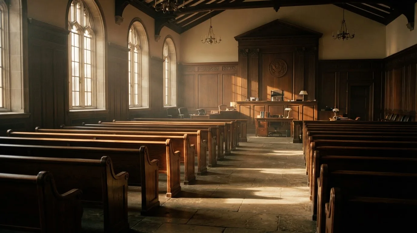 An empty courtroom with wooden benches in morning light