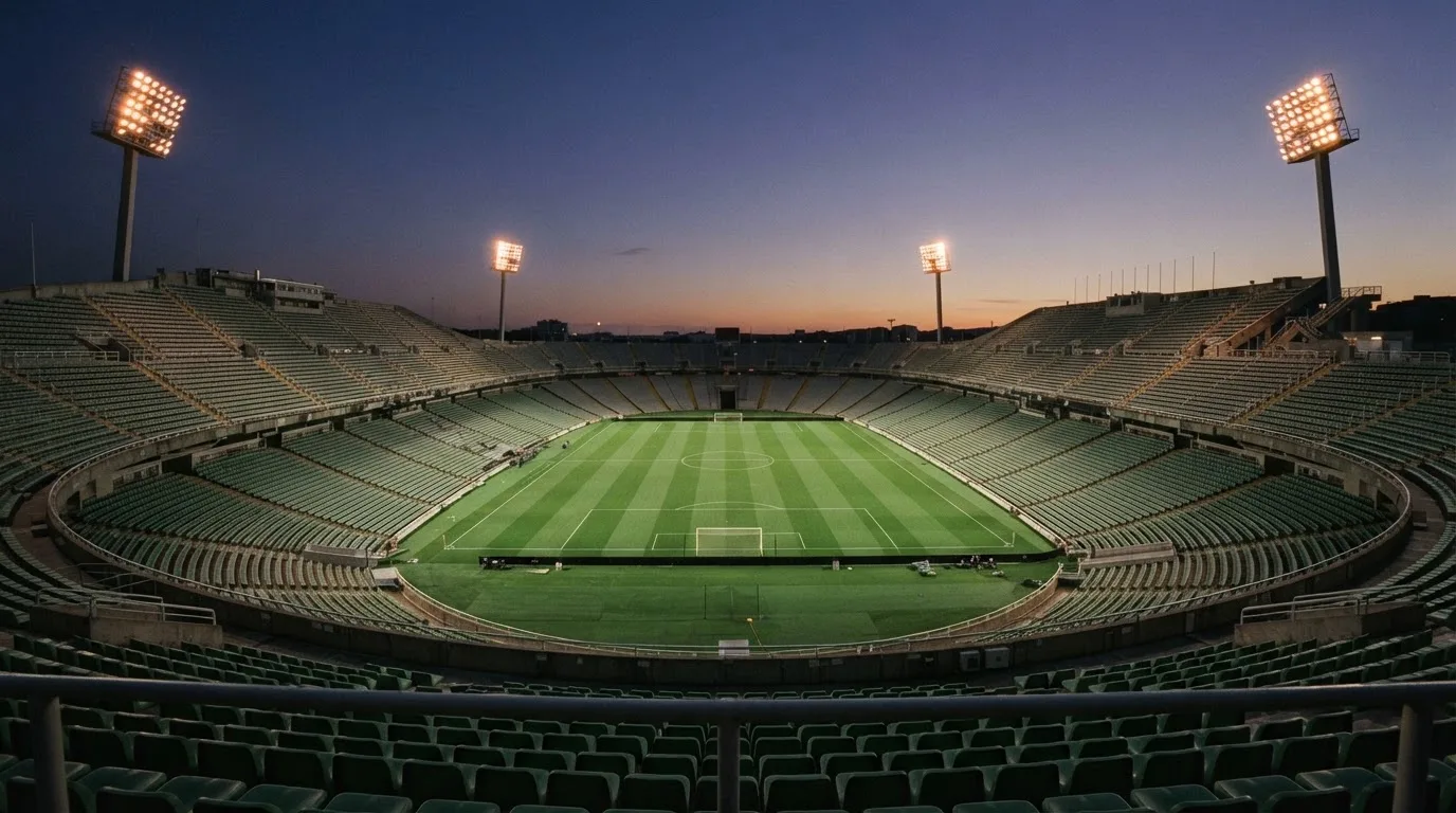 An empty football stadium with floodlight masts at dusk