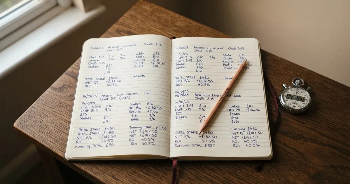 An open notebook with a pencil and a stopwatch on a wooden table