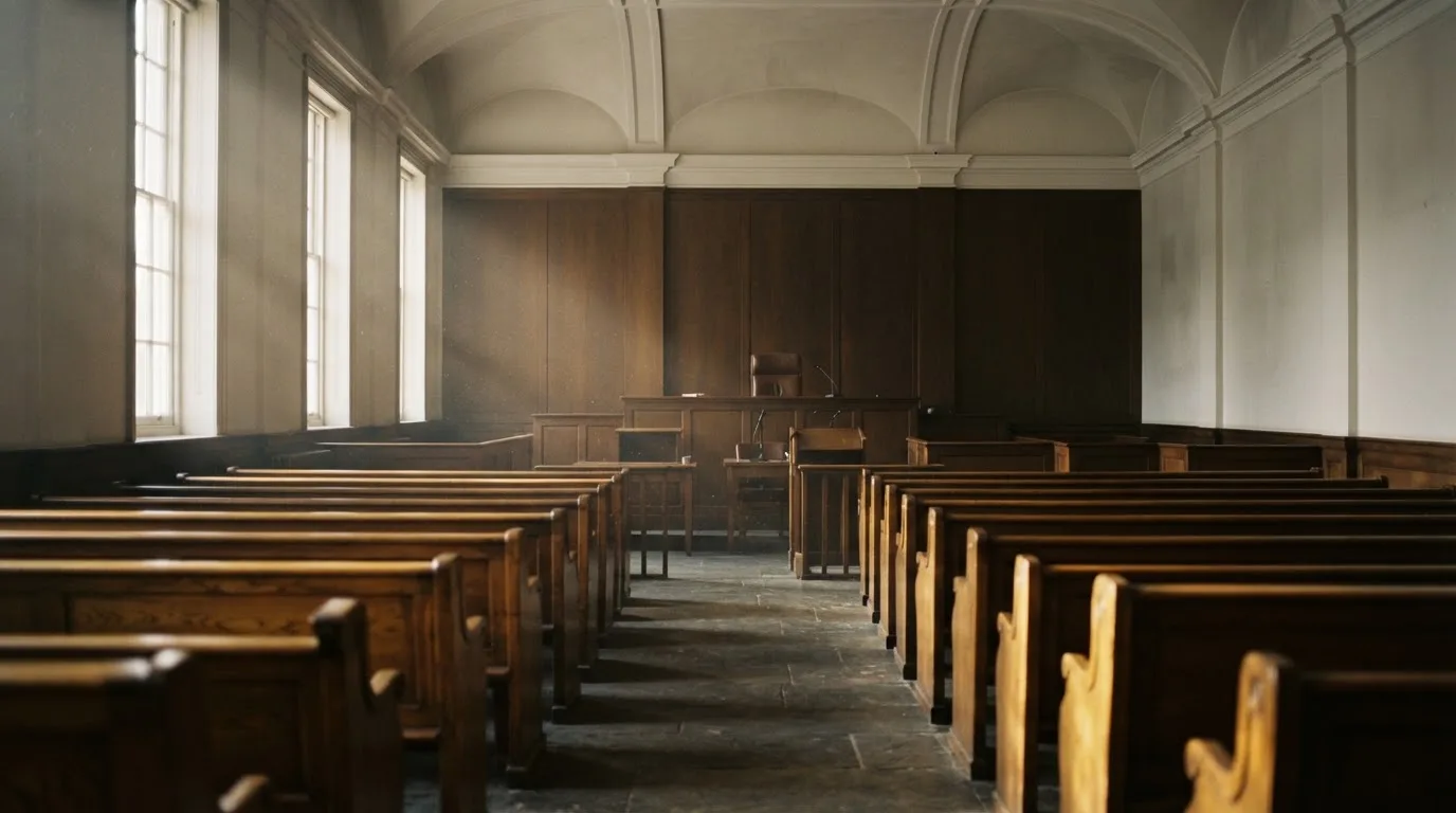 An empty courtroom with wooden benches in morning light
