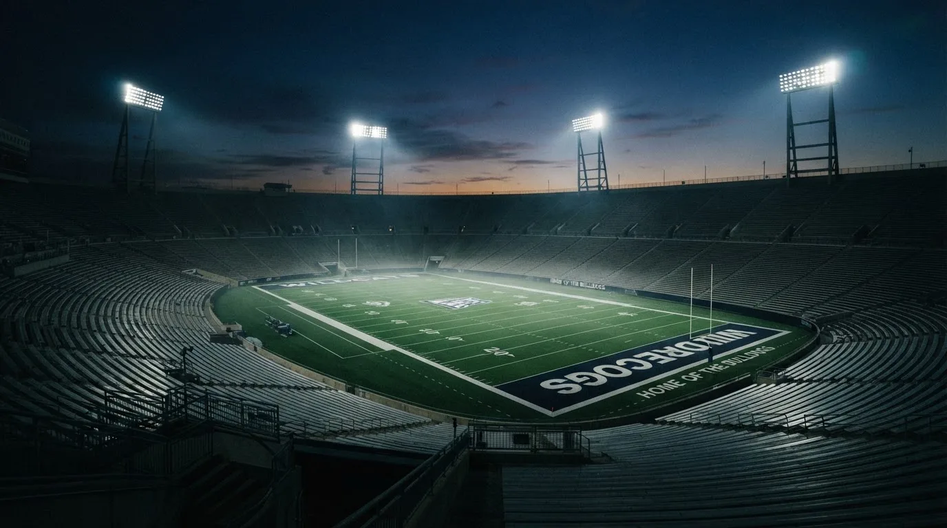 An empty football stadium with floodlight masts at dusk