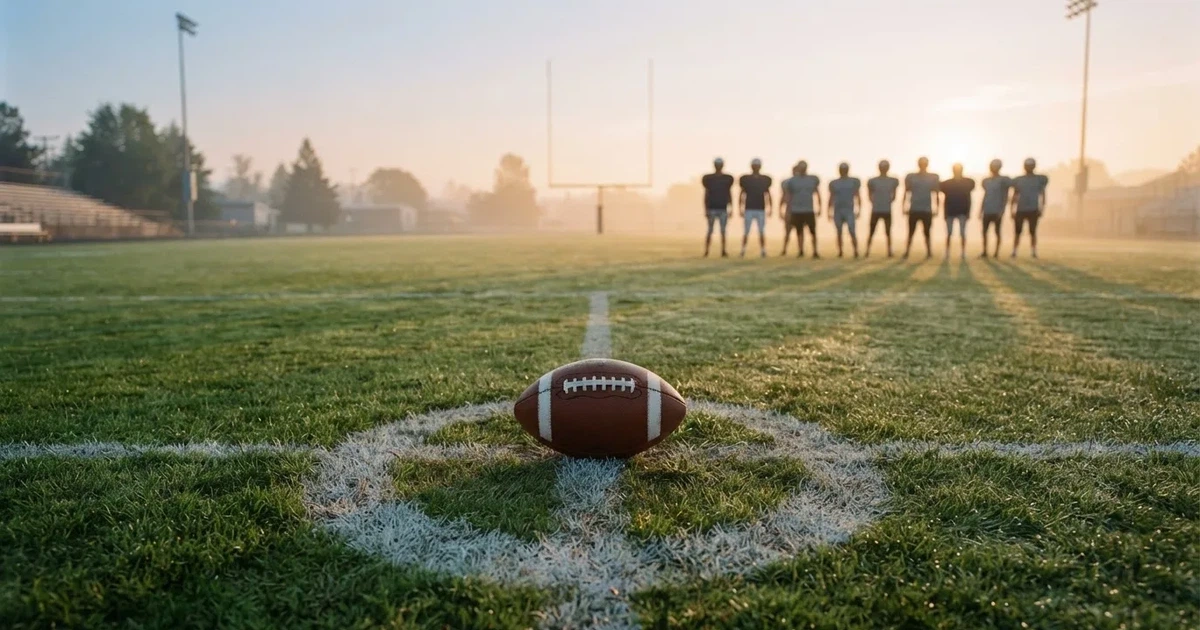 A ball on the centre spot of a grass pitch in morning light