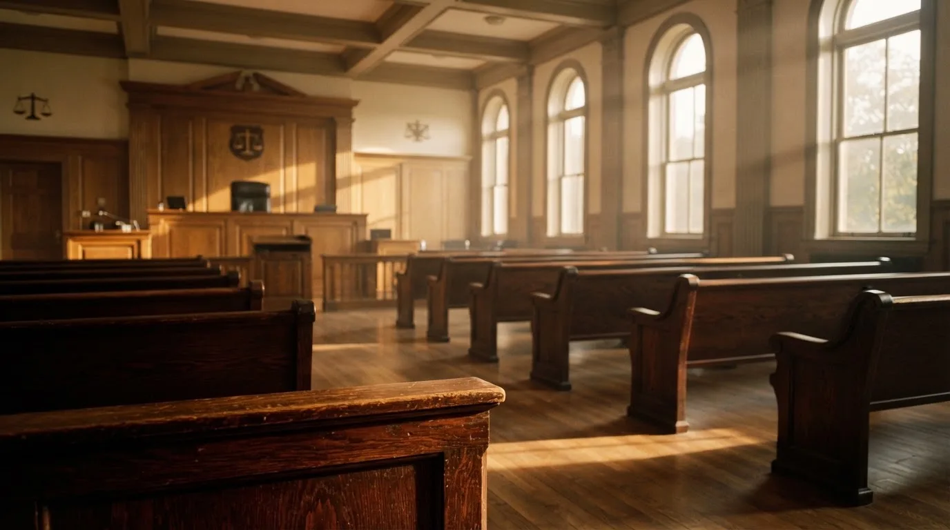 An empty courtroom with wooden benches in morning light