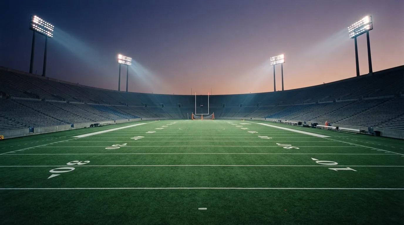 An empty football stadium with floodlight masts at dusk