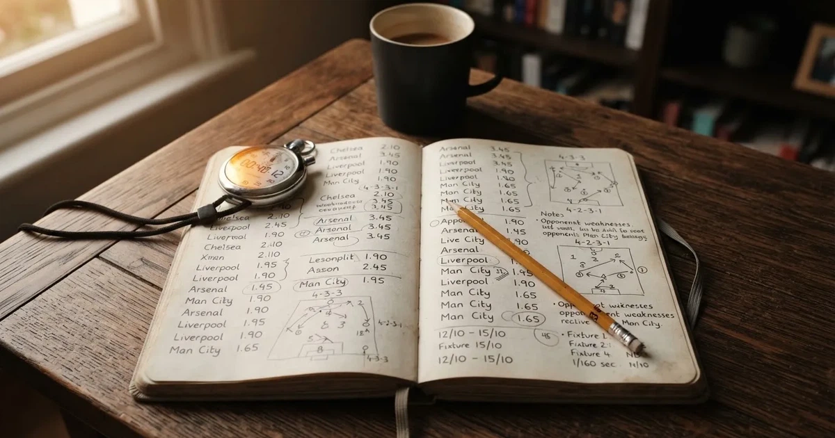 An open notebook with a pencil and a stopwatch on a wooden table