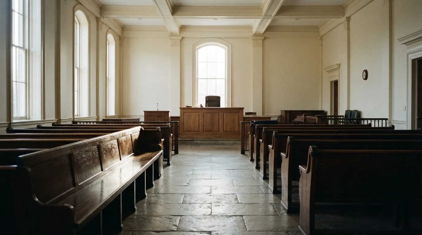 An empty courtroom with wooden benches in morning light