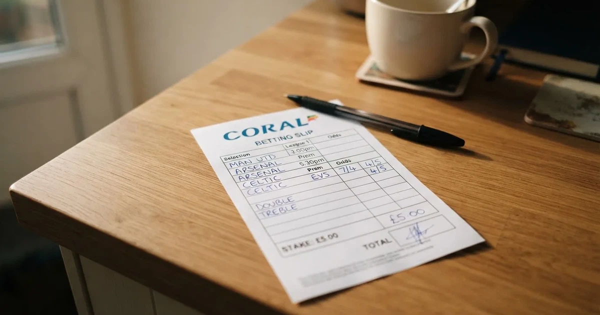 A blank paper betting slip beside a pen on a wooden counter