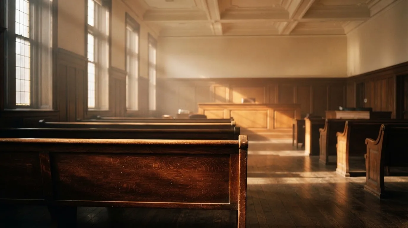 An empty courtroom with wooden benches in morning light