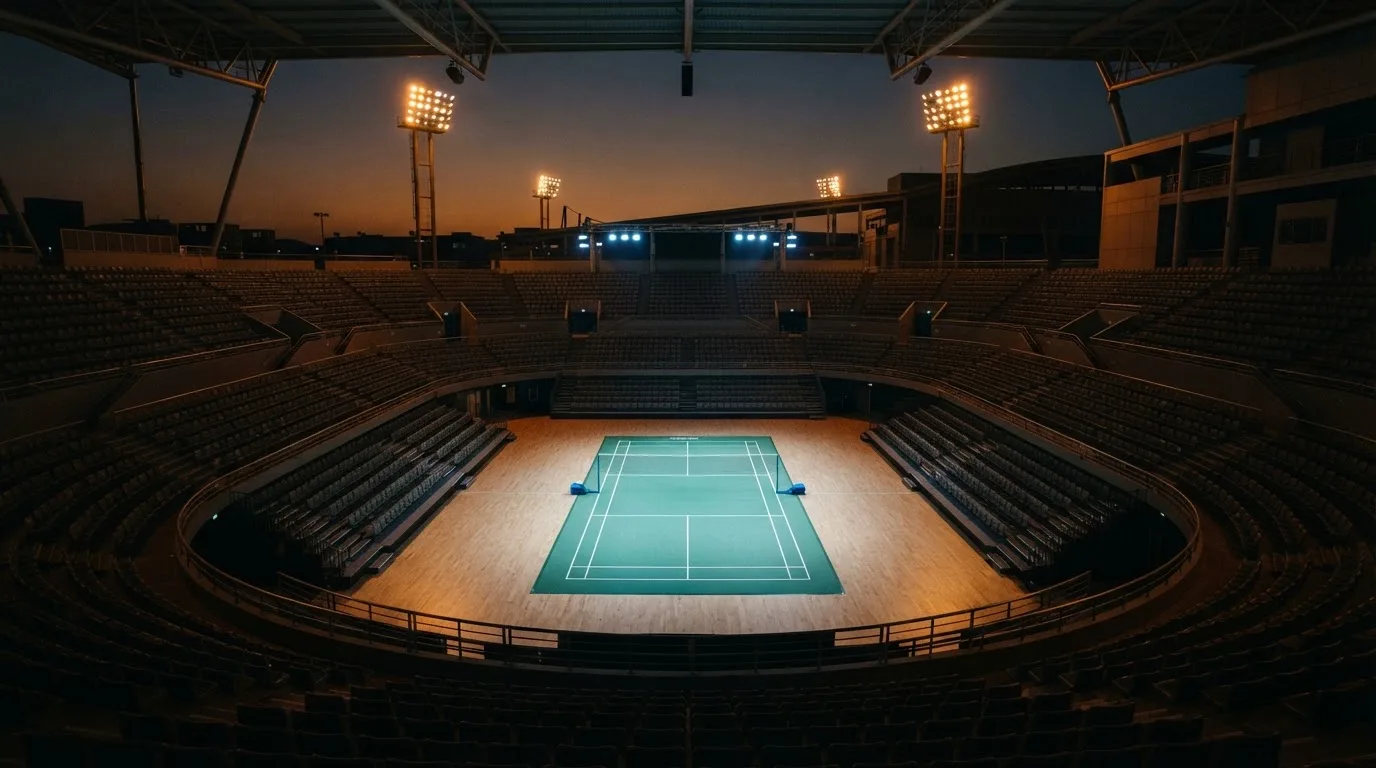 An empty football stadium with floodlight masts at dusk