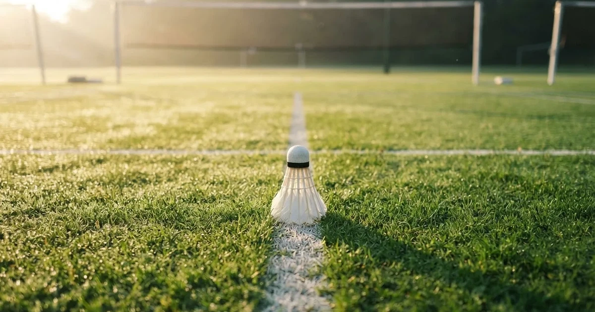 A ball on the centre spot of a grass pitch in morning light