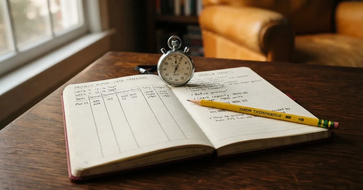An open notebook with a pencil and a stopwatch on a wooden table