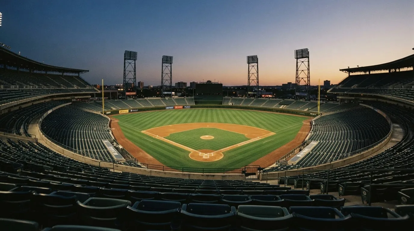 An empty football stadium with floodlight masts at dusk