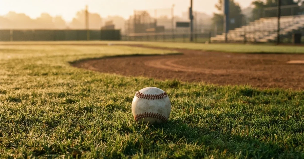 A ball on the centre spot of a grass pitch in morning light