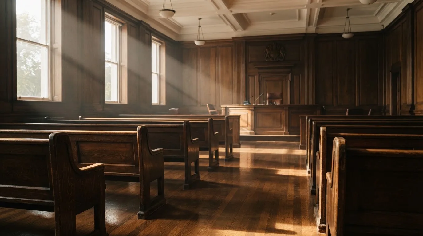 An empty courtroom with wooden benches in morning light