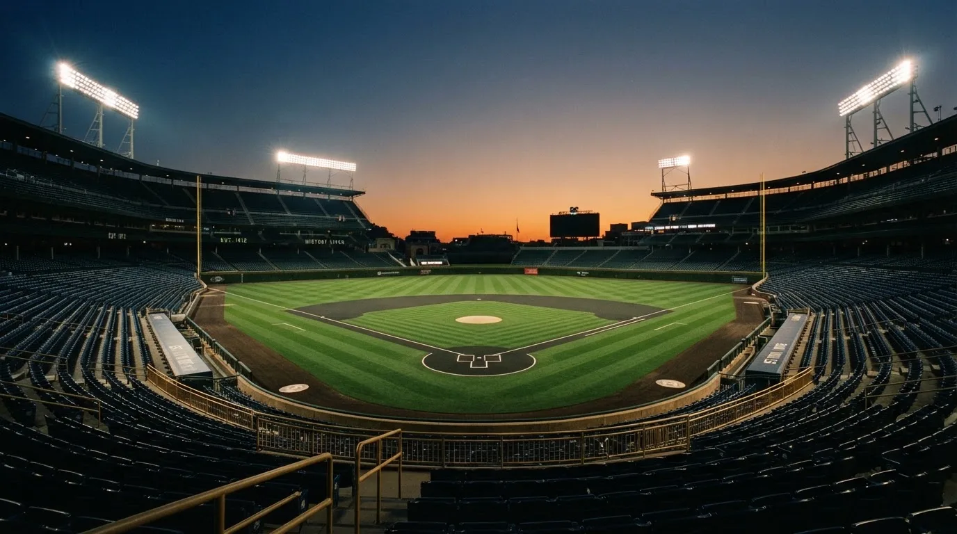 An empty football stadium with floodlight masts at dusk