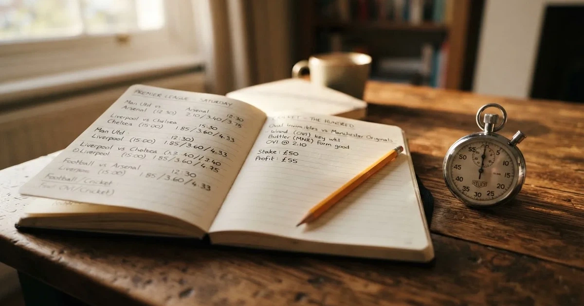 An open notebook with a pencil and a stopwatch on a wooden table