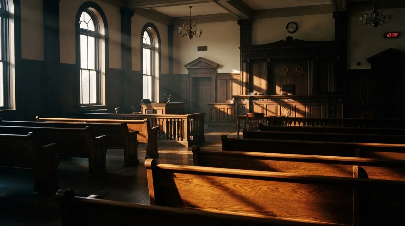 An empty courtroom with wooden benches in morning light