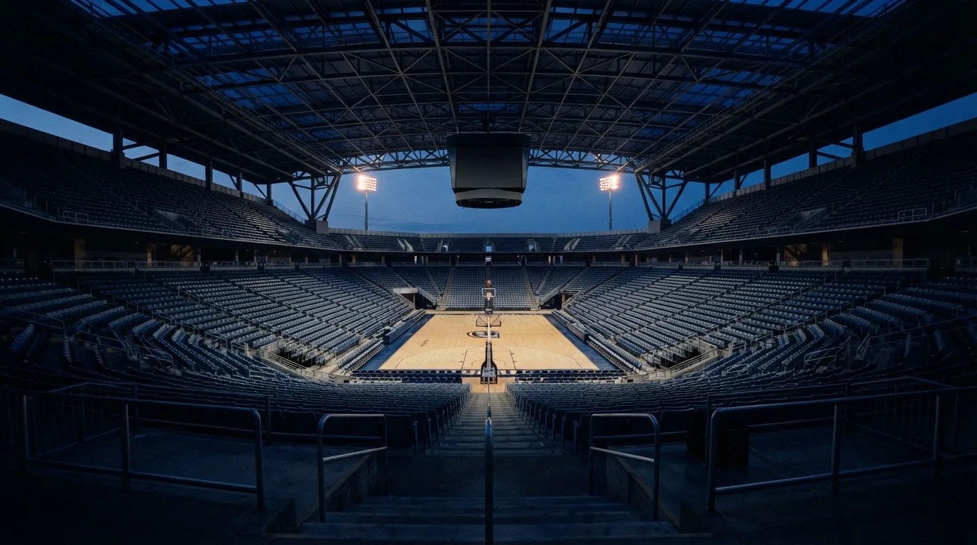 An empty football stadium with floodlight masts at dusk