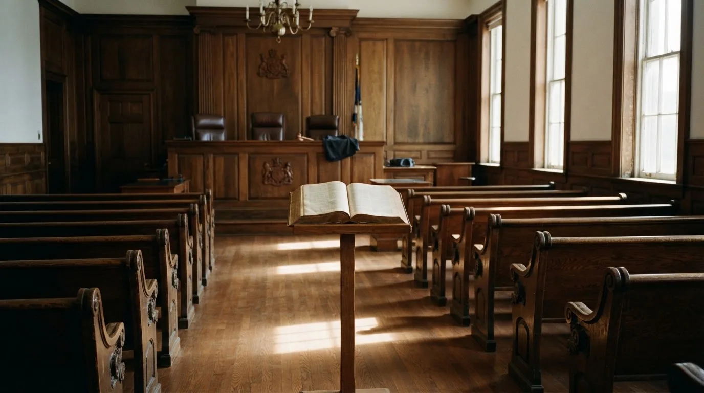 An empty courtroom with wooden benches in morning light