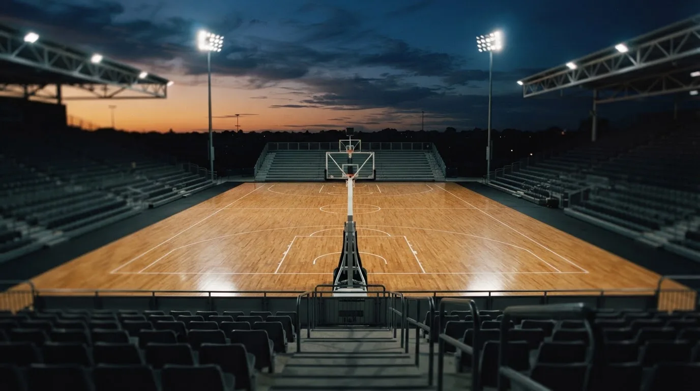 An empty football stadium with floodlight masts at dusk