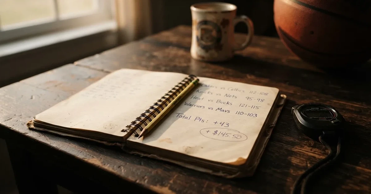 An open notebook with a pencil and a stopwatch on a wooden table
