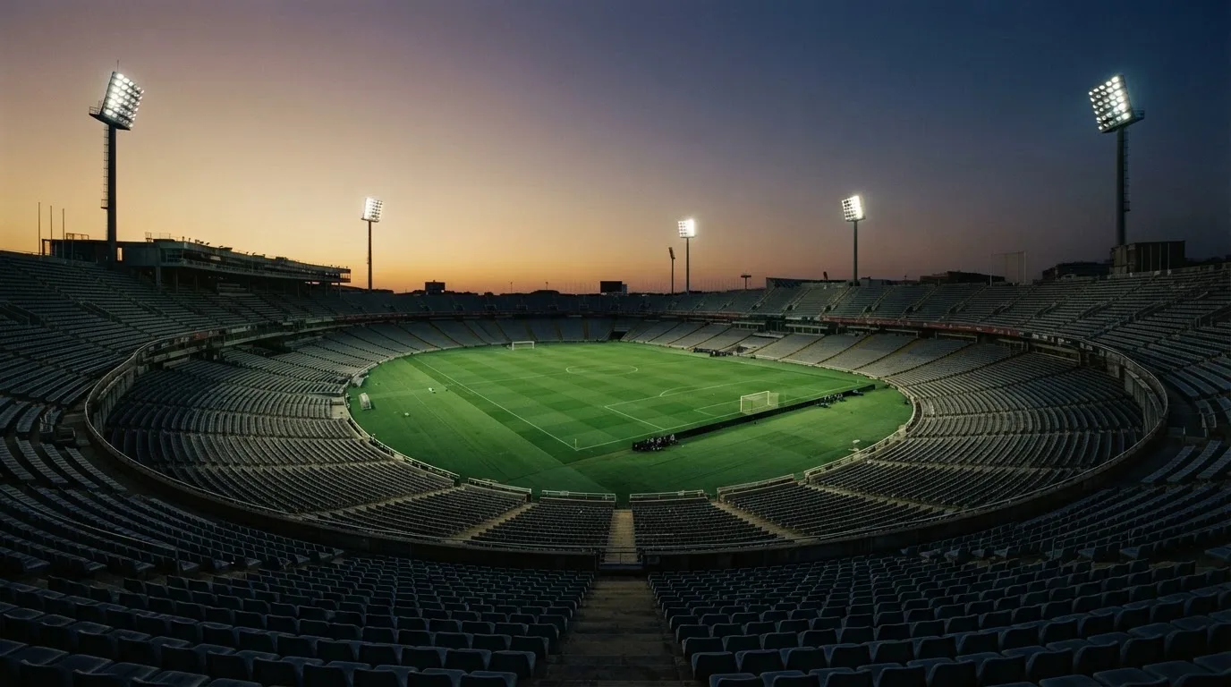 An empty football stadium with floodlight masts at dusk