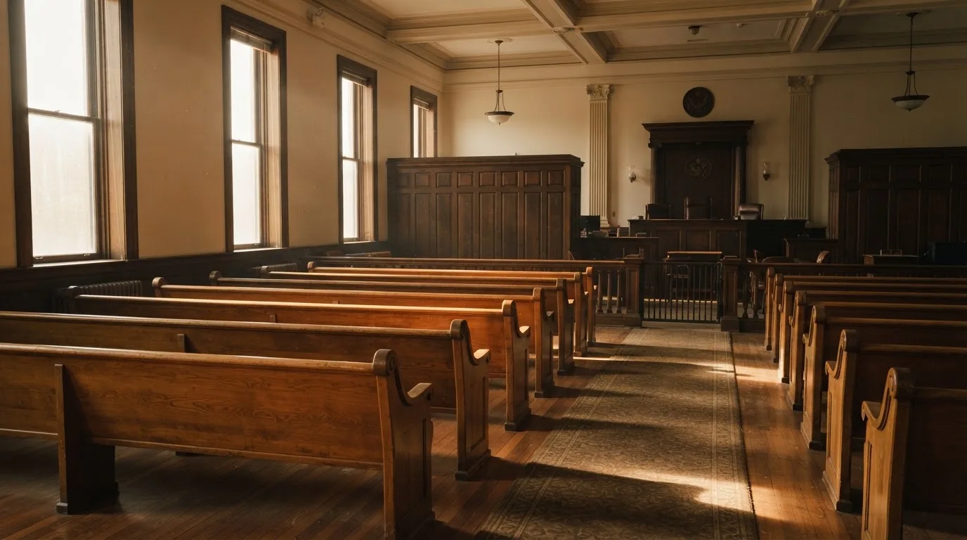 An empty courtroom with wooden benches in morning light
