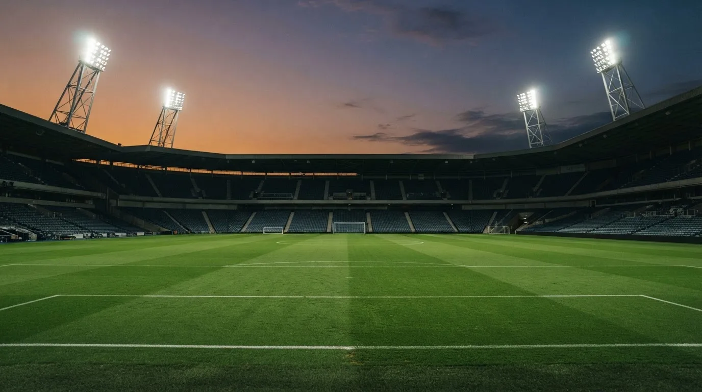 An empty football stadium with floodlight masts at dusk