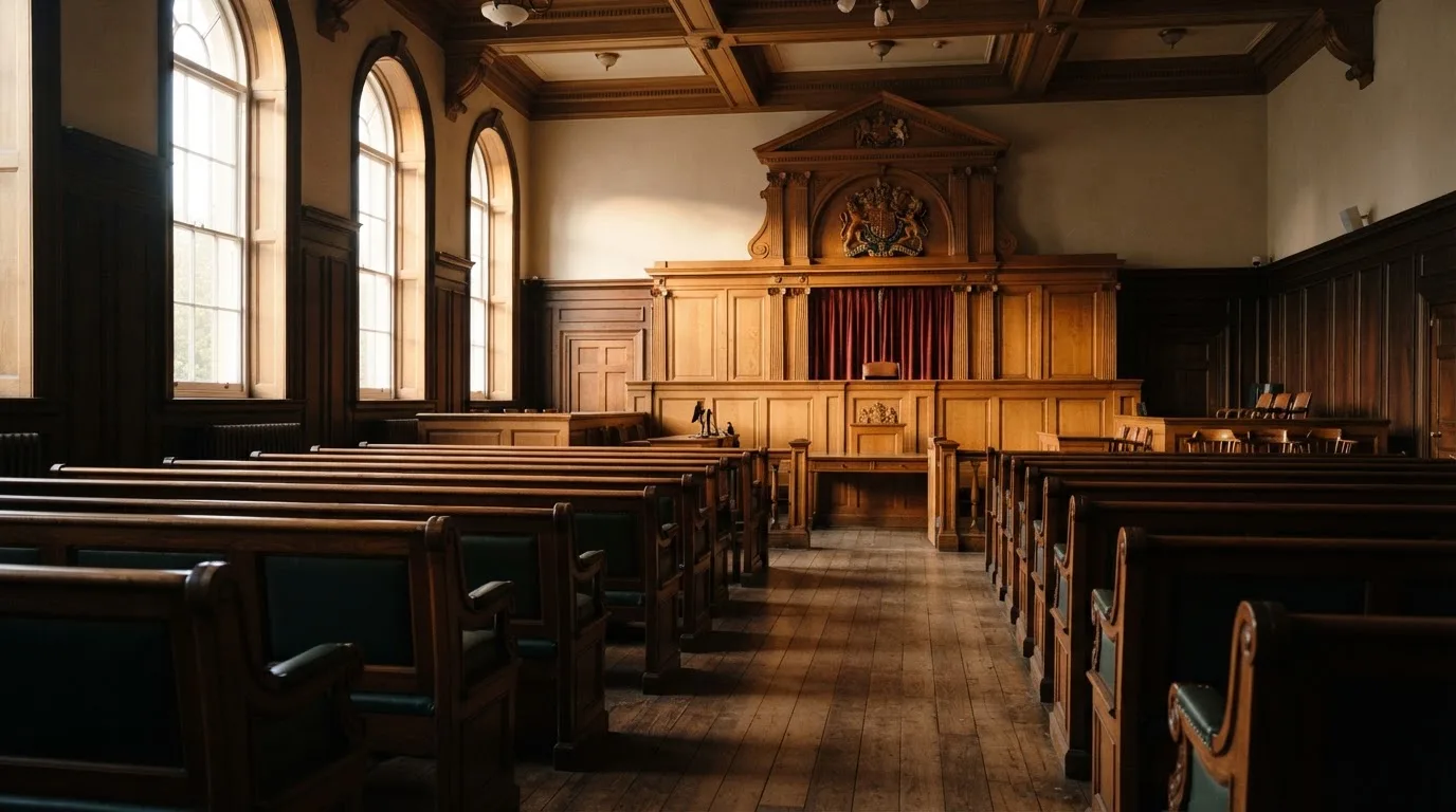 An empty courtroom with wooden benches in morning light