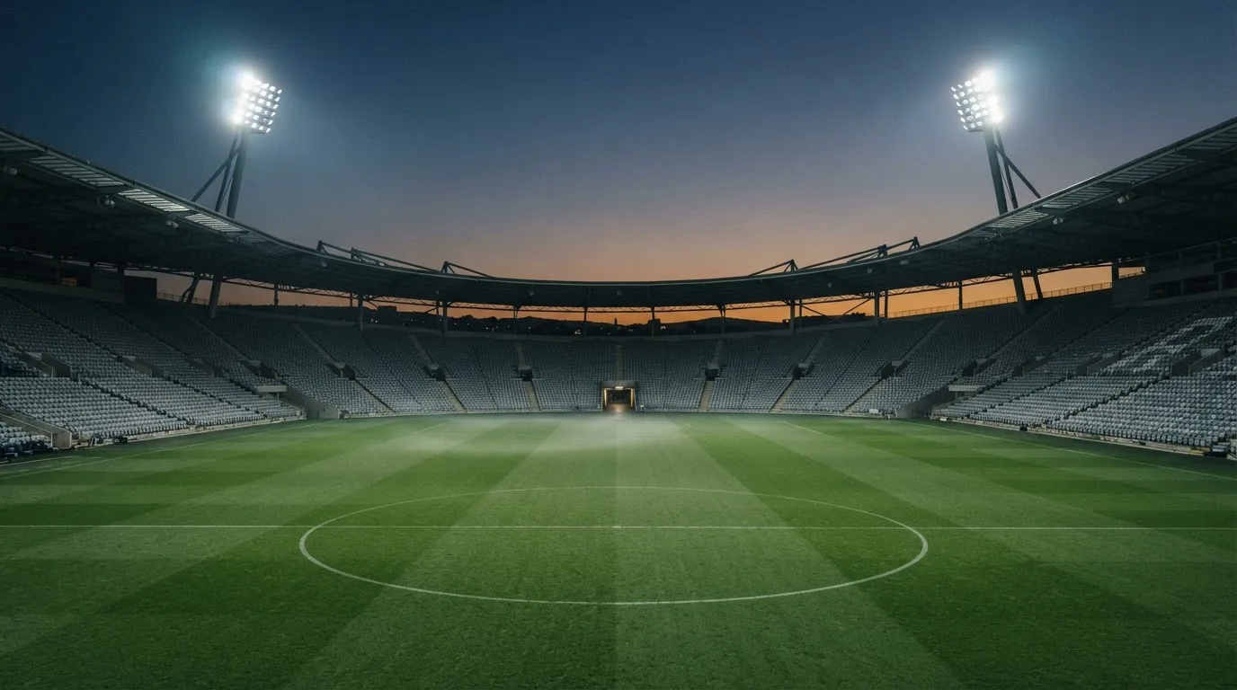 An empty football stadium with floodlight masts at dusk