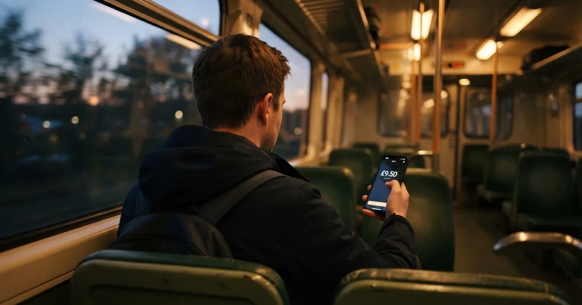 A hand holding a smartphone on a train in the evening, screen turned away
