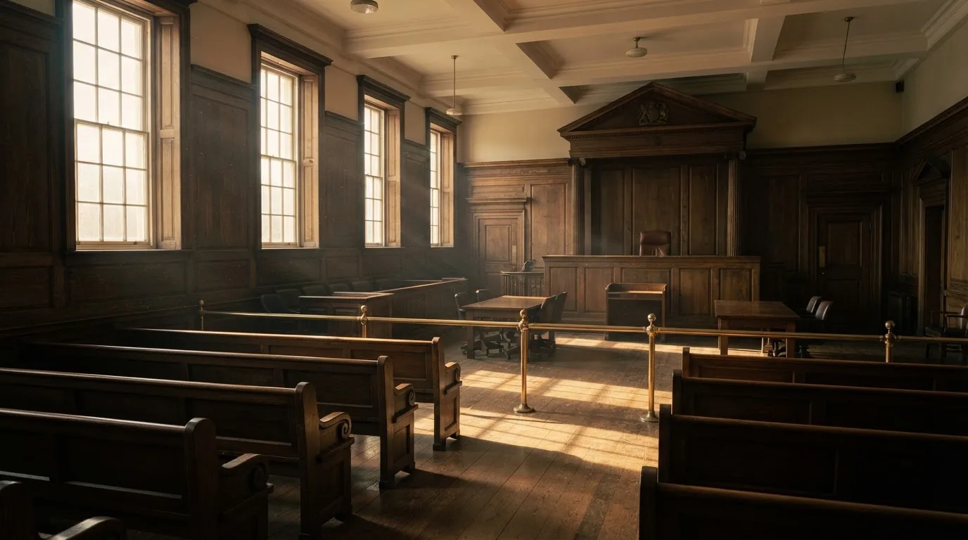 An empty courtroom with wooden benches in morning light
