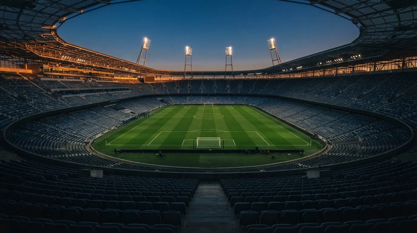 An empty football stadium with floodlight masts at dusk