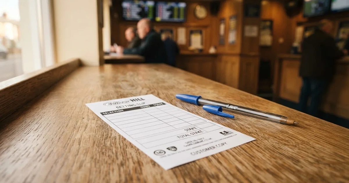 A blank paper betting slip beside a pen on a wooden counter