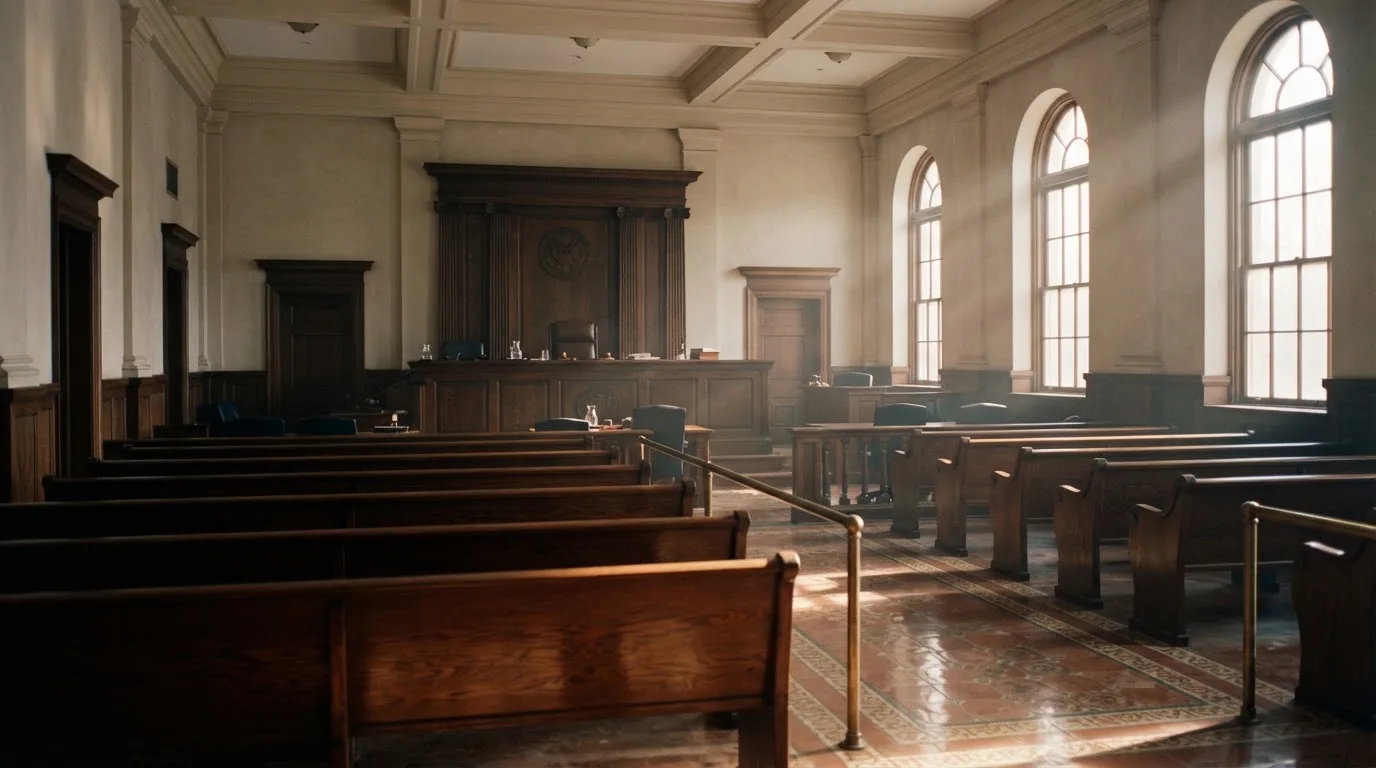 An empty courtroom with wooden benches in morning light