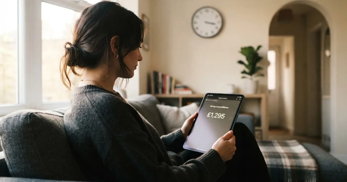 A person on a sofa looking thoughtfully at a tablet, a wall clock in the background