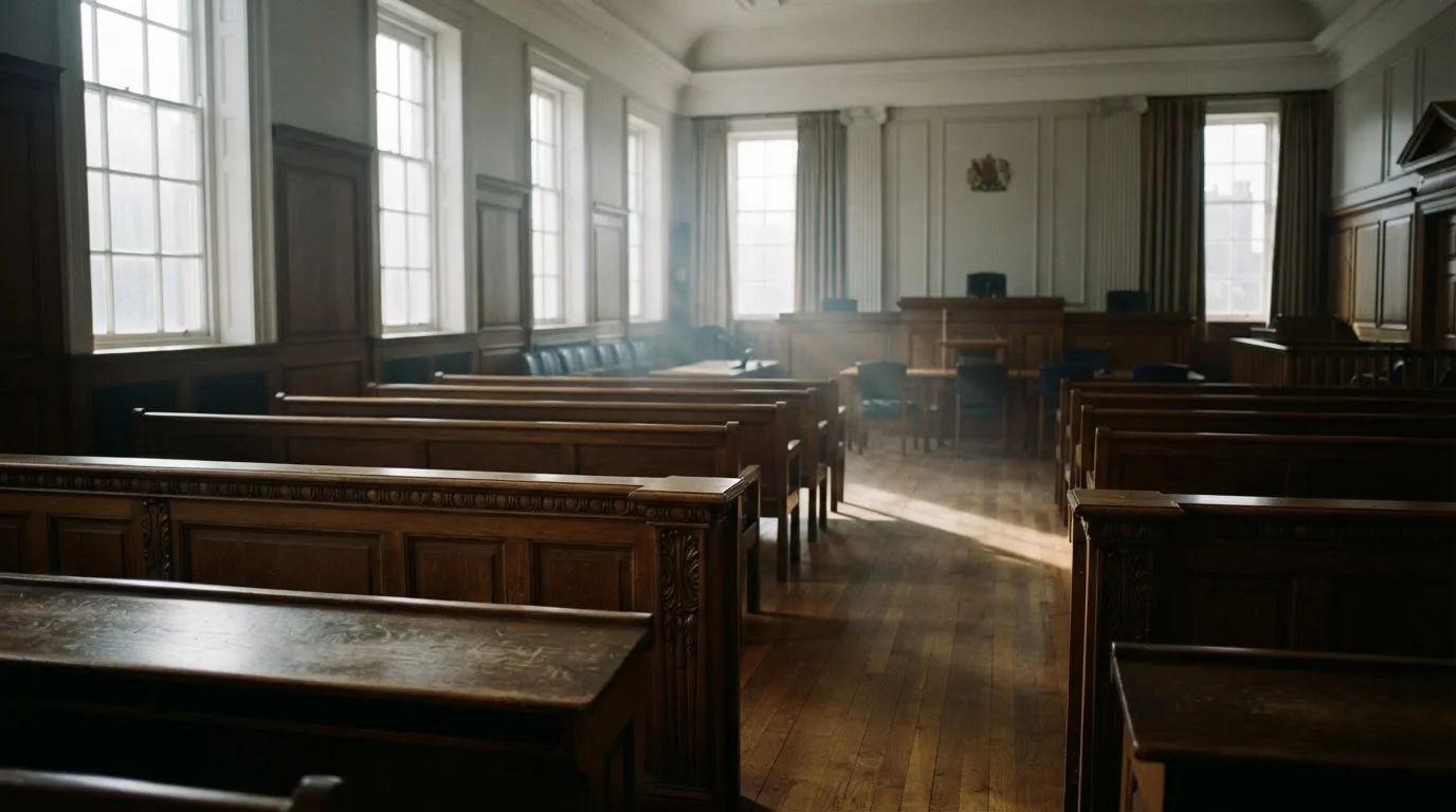 An empty courtroom with wooden benches in morning light