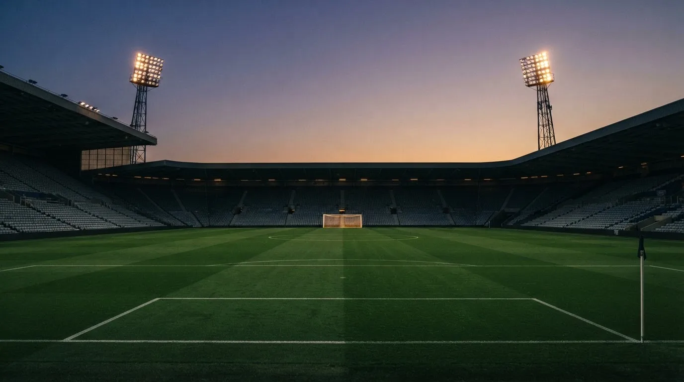 An empty football stadium with floodlight masts at dusk