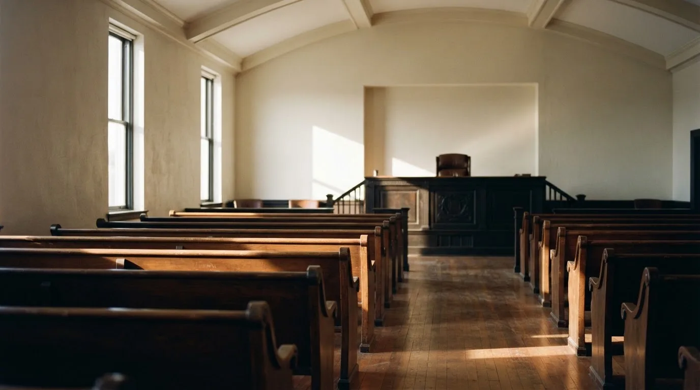 An empty courtroom with wooden benches in morning light
