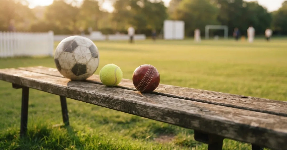 Three balls of different kinds side by side on a wooden bench